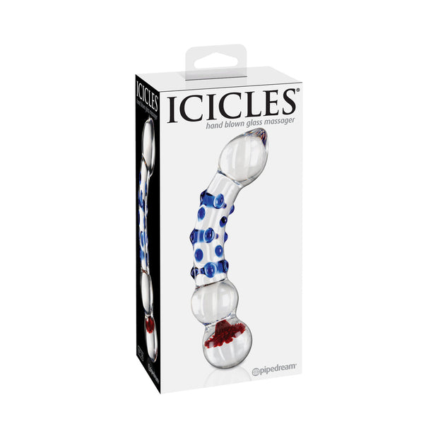 Icicles No. 18 Curved Textured 7.5 in. Glass Dildo Blue/Red/Clear - Headshop.com