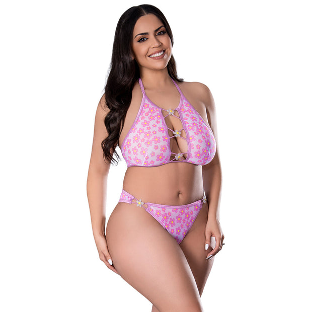 Magic Silk Daisy Halter Bralette & Panty Set Daisy Print Queen Size