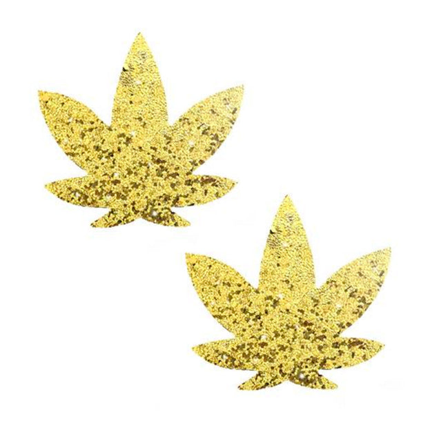 Neva Nude Super Sparkle Gold Glitter Dope AF Weed Leaf Pasties - Headshop.com