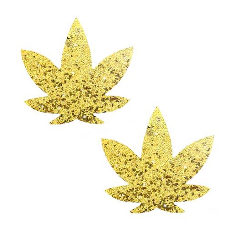 Neva Nude Super Sparkle Gold Glitter Dope AF Weed Leaf Pasties - Headshop.com