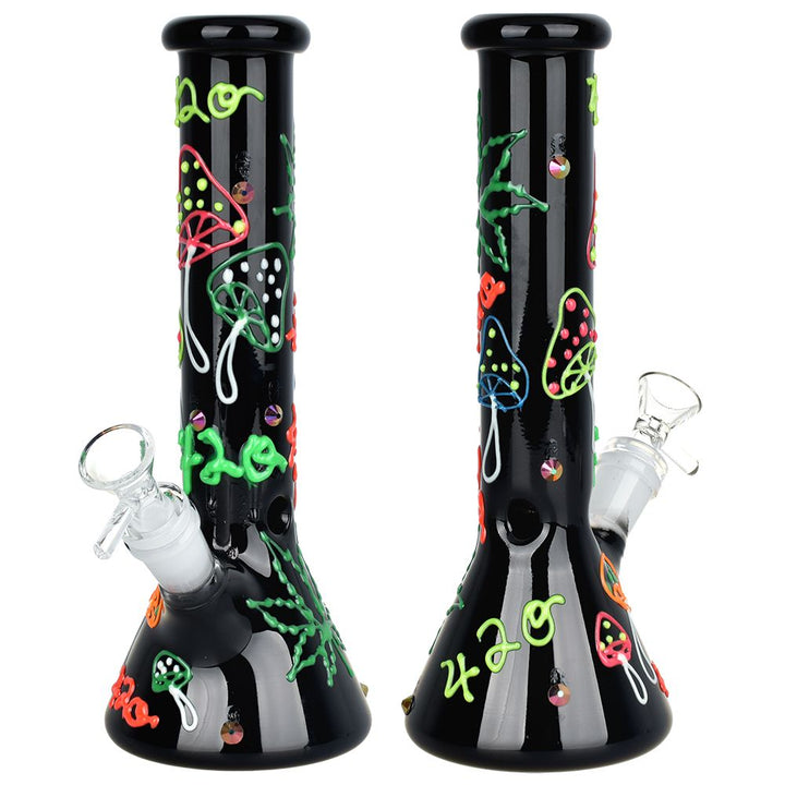 420 Leaf and Shroom Glow In Dark Glass Beaker Water Pipe - 9.5" / 14mm F - Headshop.com