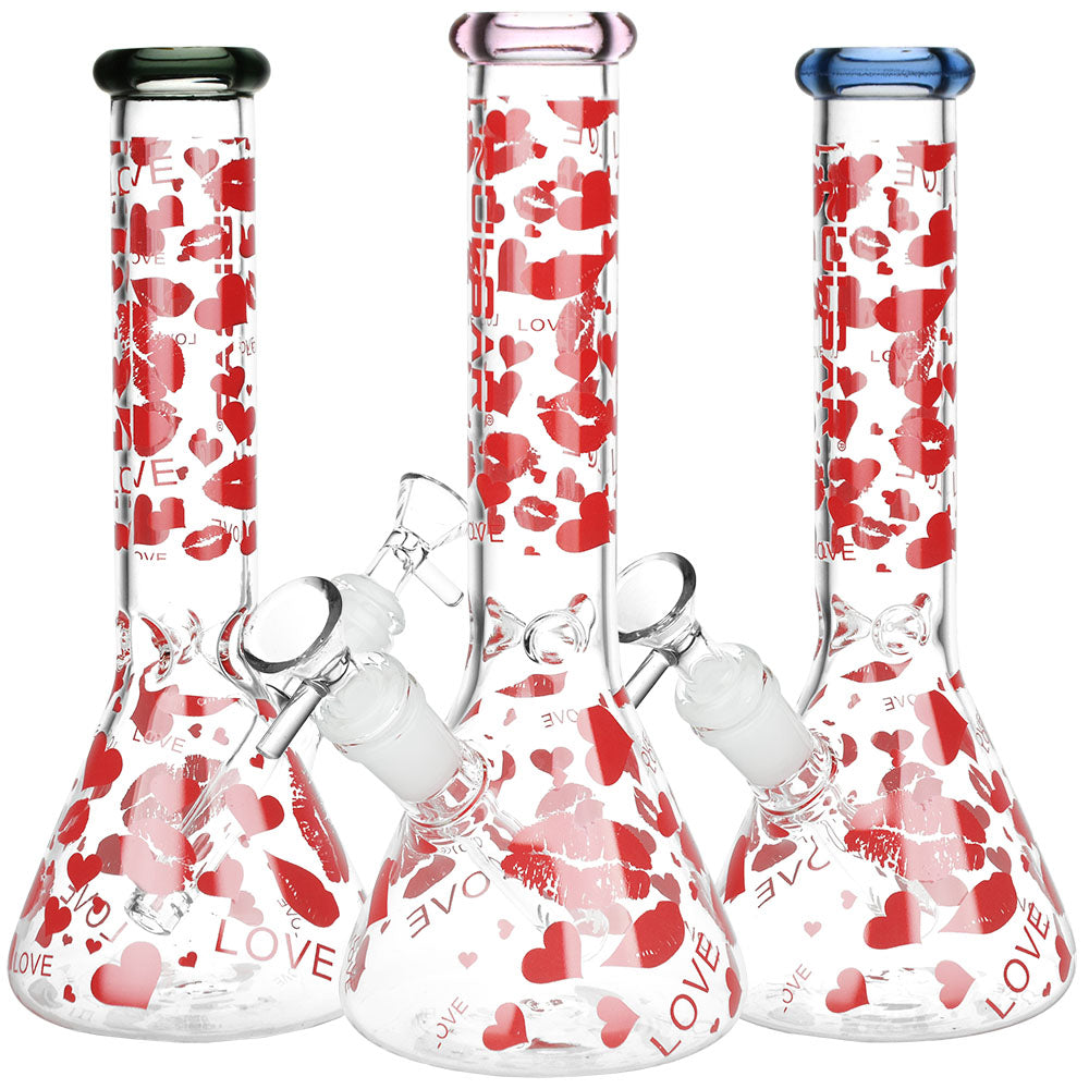 Pulsar Hearts and Kisses Glass Beaker Water Pipe - 9.75" / 14mm F / Colors Vary - Headshop.com