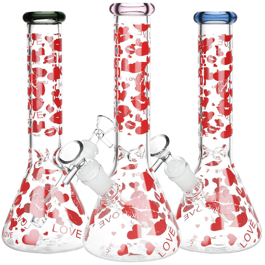 Pulsar Hearts and Kisses Glass Beaker Water Pipe - 9.75" / 14mm F / Colors Vary - Headshop.com