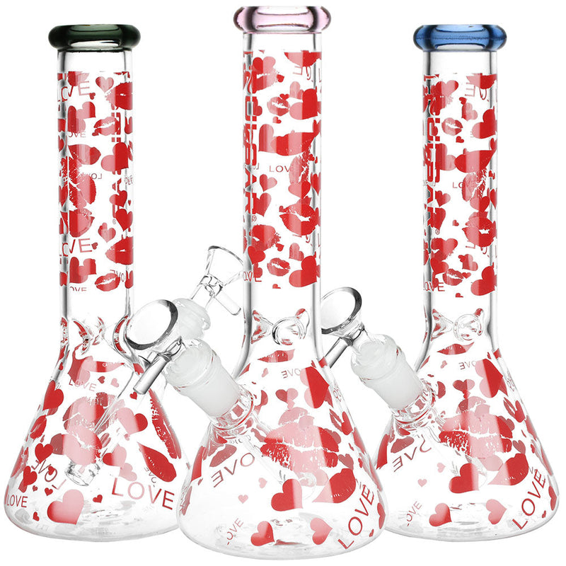 Pulsar Hearts and Kisses Glass Beaker Water Pipe - 9.75" / 14mm F / Colors Vary - Headshop.com