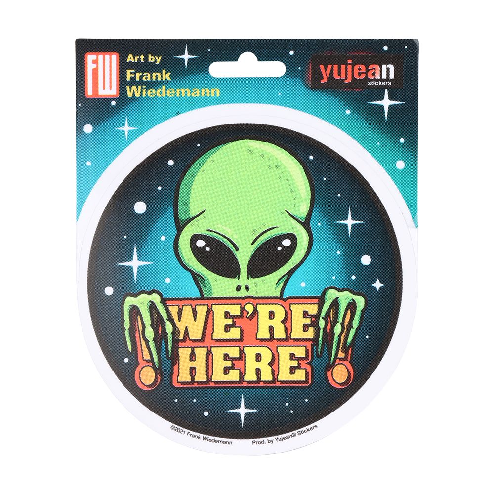 Frank Weidemann We're Here! Alien Round Sticker - 4" by Yujean - Headshop.com