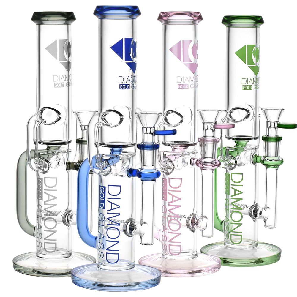 Diamond Glass Gold Inline Perc Recycler Water Pipe - 11" / 14mm F / Colors Vary - Headshop.com