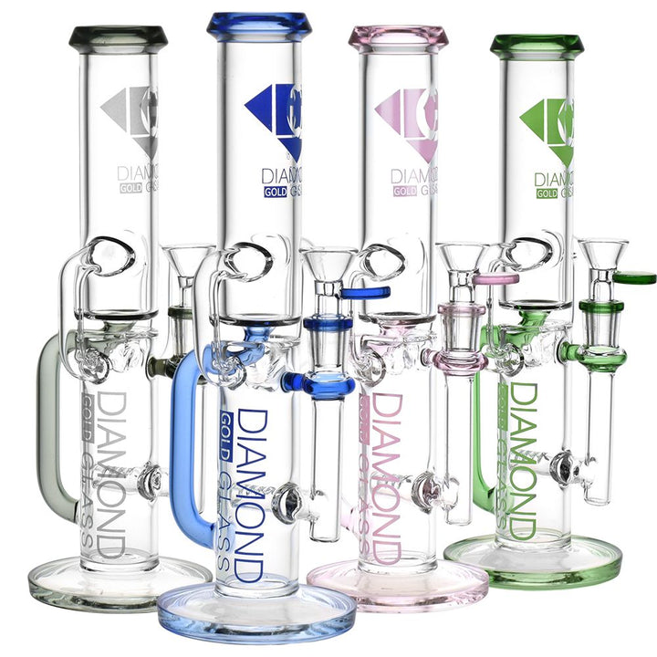 Diamond Glass Gold Inline Perc Recycler Water Pipe - 11" / 14mm F / Colors Vary - Headshop.com