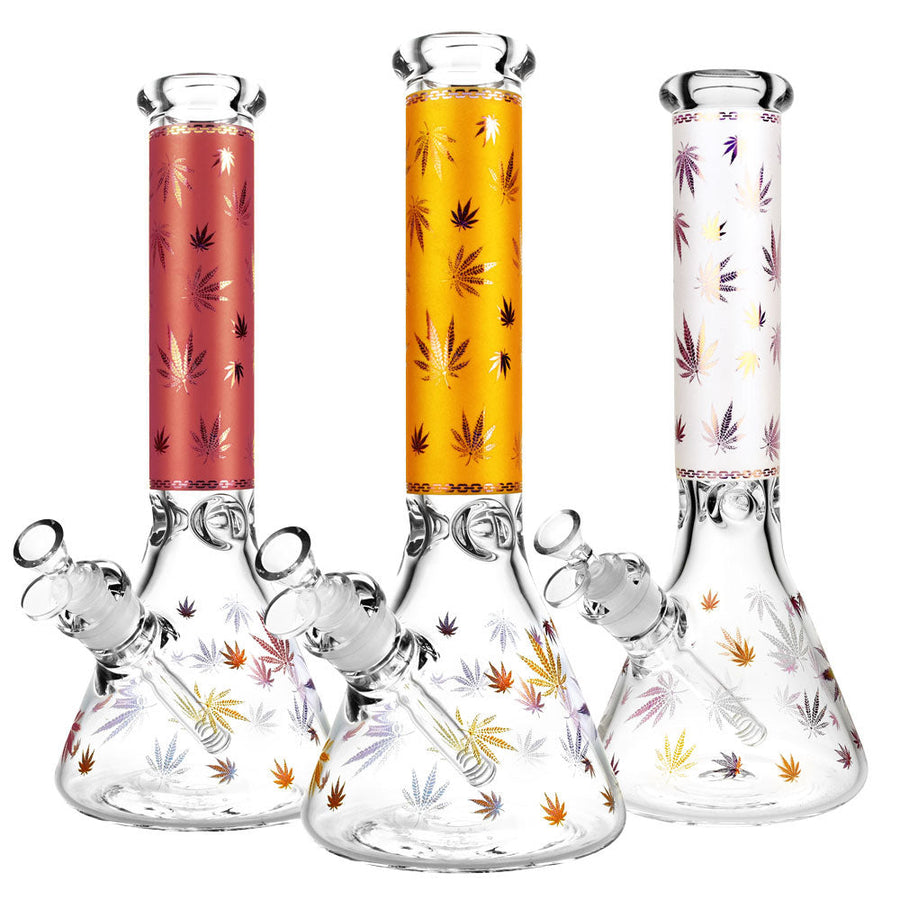 Foil Hemp Leaf Print Water Pipe- 14" / 14mm F / Colors Vary - Headshop.com