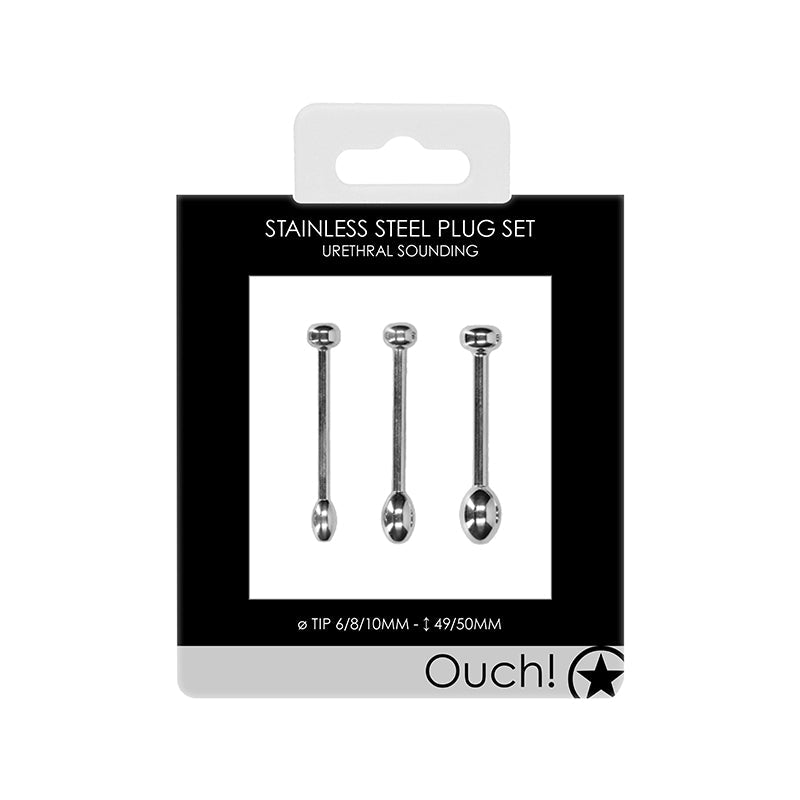 Ouch! Urethral Sounding 3-Piece Stainless Steel Plug Set 6 mm / 8 mm / 10 mm - Headshop.com