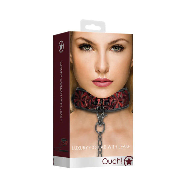 Ouch! Luxury Adjustable Collar With Leash Burgundy - Headshop.com