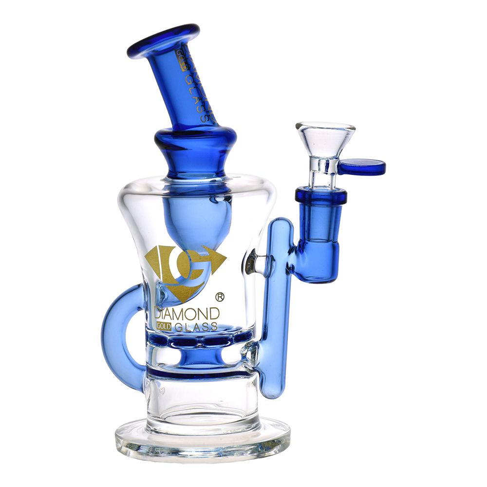 Diamond Glass Gold Ratchet Perc Recycler Water Pipe - 7.75" / 14mm F - Headshop.com