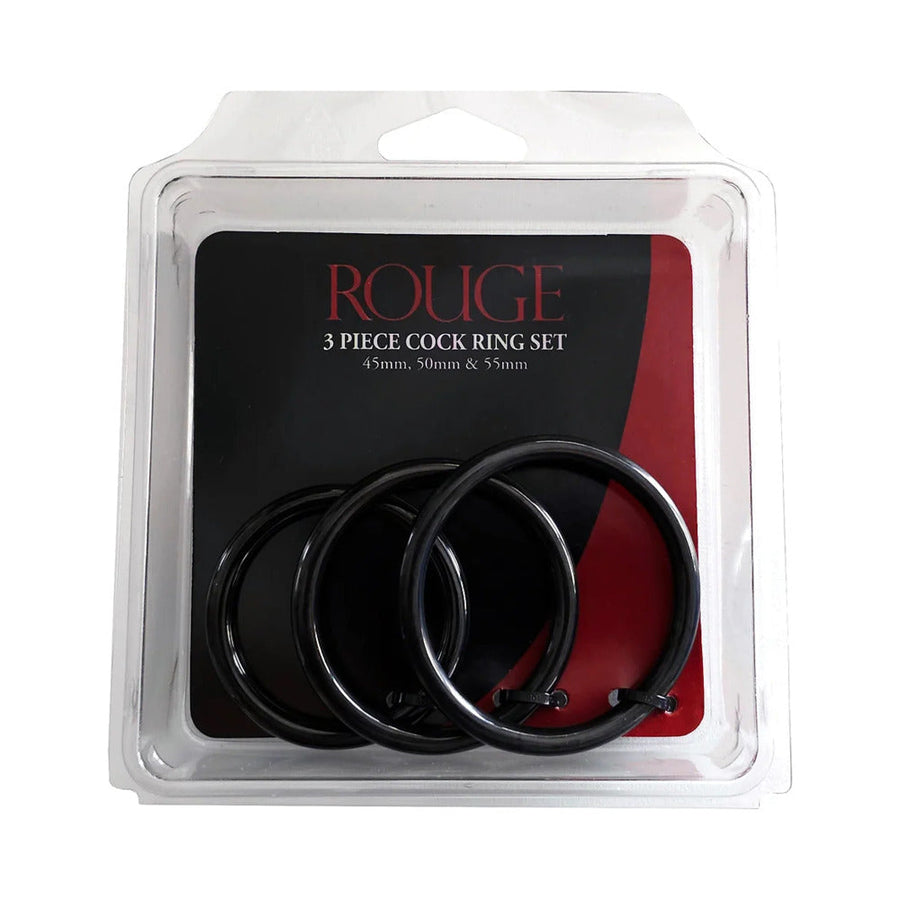 Rouge Stainless Steel 3 Piece Cock Ring Set (45/50/55mm) Black - Headshop.com