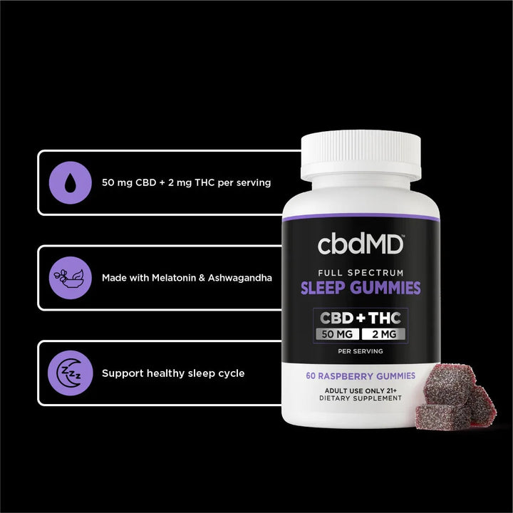 cbdMD Full Spectrum CBD PM Sleep Gummies Raspberry - 1500MG, 60ct - Headshop.com