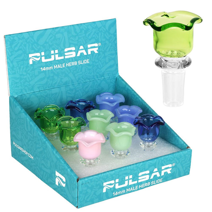 9CT DISPLAY - Pulsar Blissful Blossom Herb Slide - 14mm M / Assorted Colors