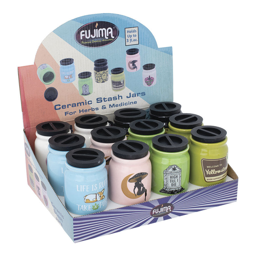 12PC DISPLAY - Fujima Cute'n'Punny Ceramic Stash Jar - 3fl oz / Assorted Designs - Headshop.com