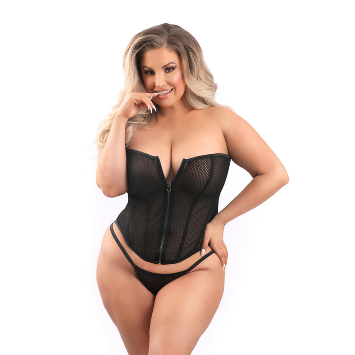 Fantasy Lingerie Mesh Corset with Zipper Front and G-String 2XL - Headshop.com