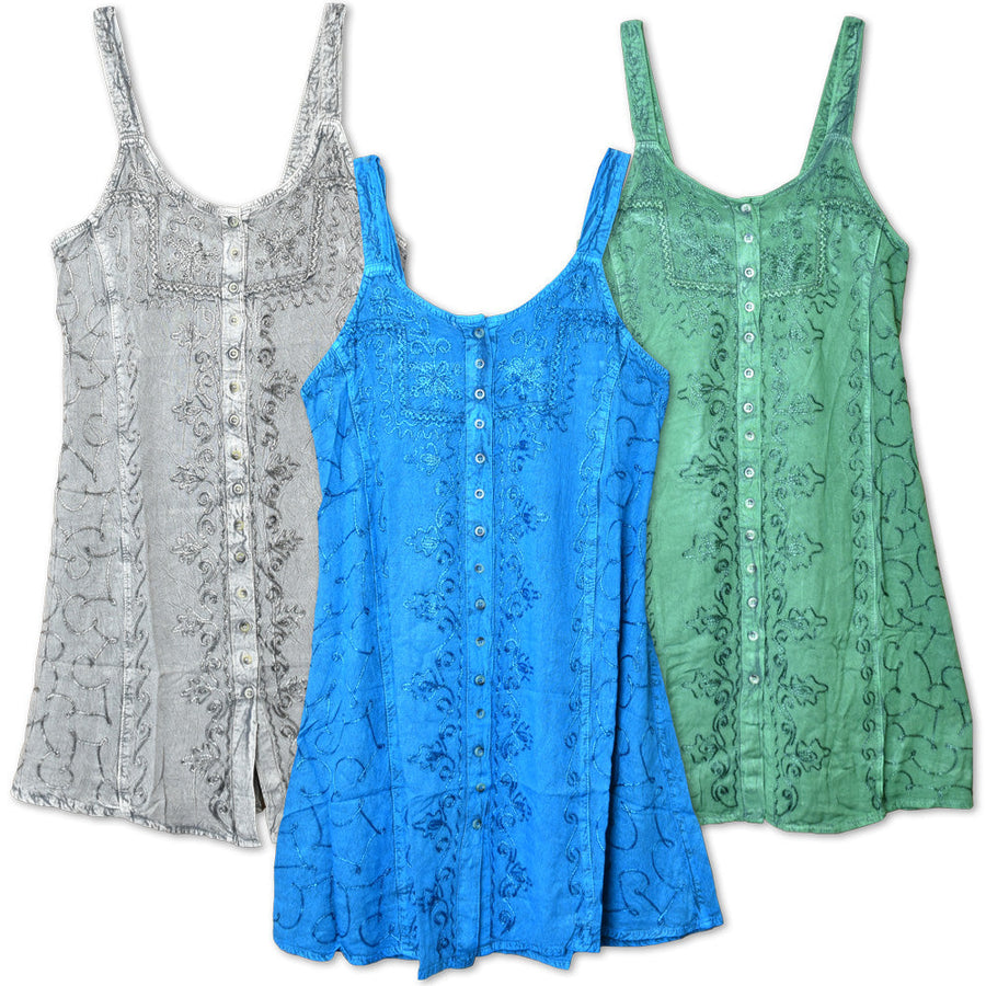 ThreadHeads Embroidered Buttoned Acid Wash Strap Dress - One Size / Colors Vary - Headshop.com