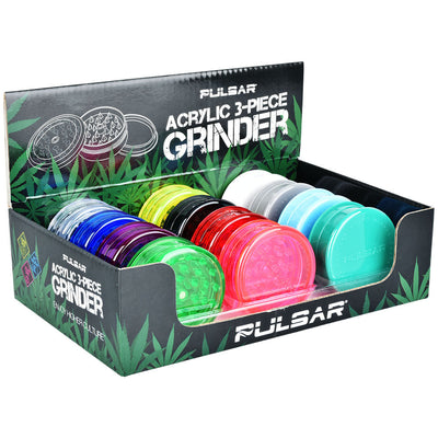 Pulsar Acrylic Grinder - 3pc / 2.25" / Assorted Colors 12PC DISPLAY - Headshop.com