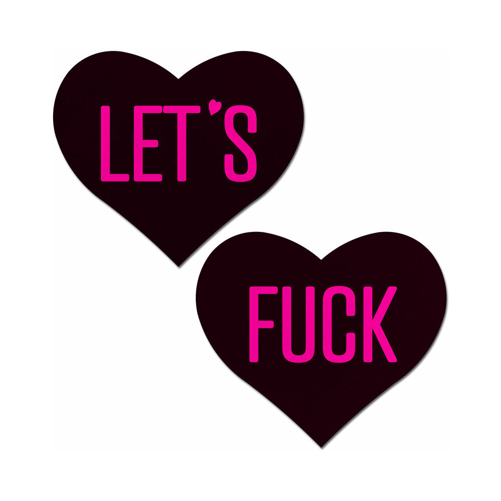Pastease Love: Let's Fuck Black Heart on Neon Pink Base Nipple Pasties - Headshop.com
