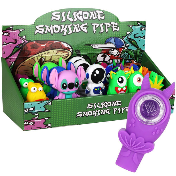 18CT DISPLAY - Cool Characters Silicone Hand Pipe - 3"- 4.25" / Assorted Colors & Characters