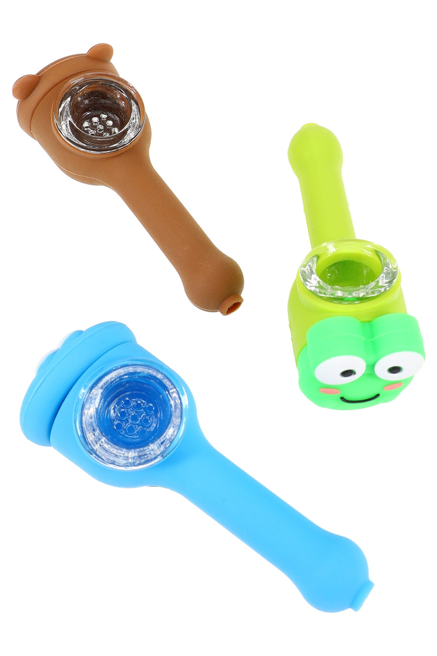 4″ Silicone Character Hand Pipe “Critter Crew” – Glass Screen Bowl – Assorted Colors - Headshop.com