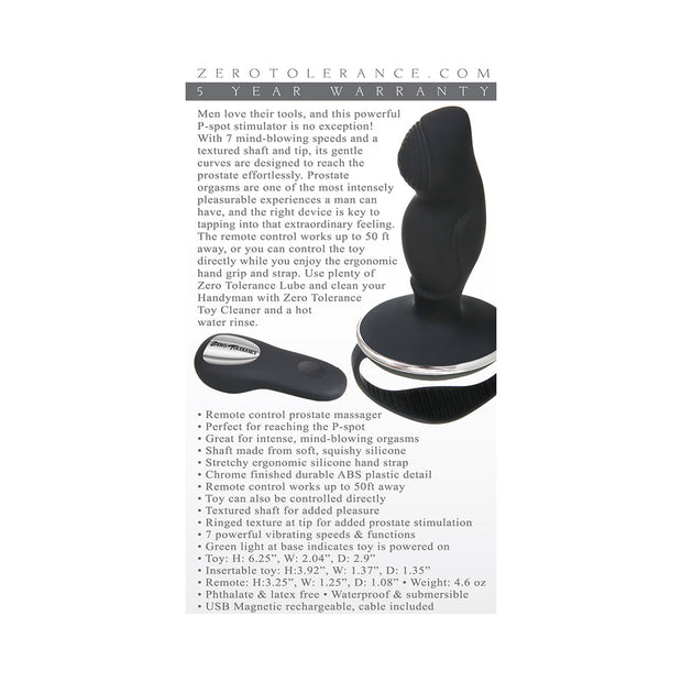 Zero Tolerance The Handyman Rechargeable Remote-Controlled Vibrating Prostate Massager Black