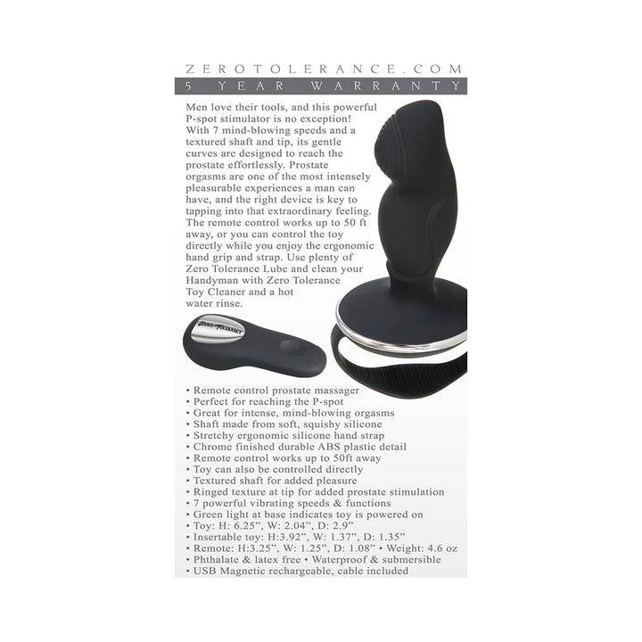 Zero Tolerance The Handyman Rechargeable Remote-Controlled Vibrating Prostate Massager Black