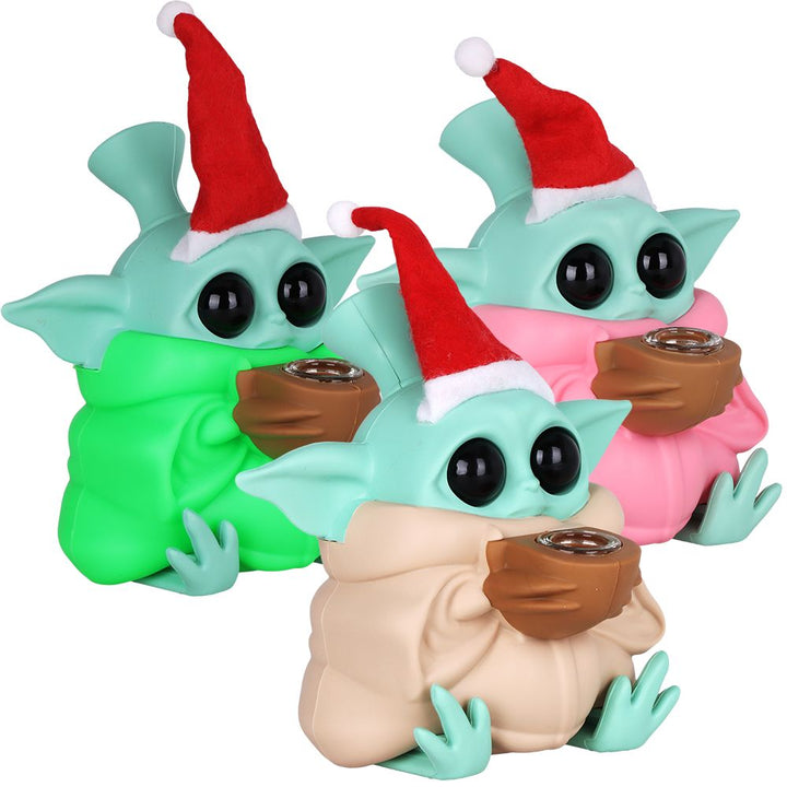 3CT BUNDLE - Cute Little Christmas Alien Silicone Water Pipe w Glass Bowl - 4.75"
