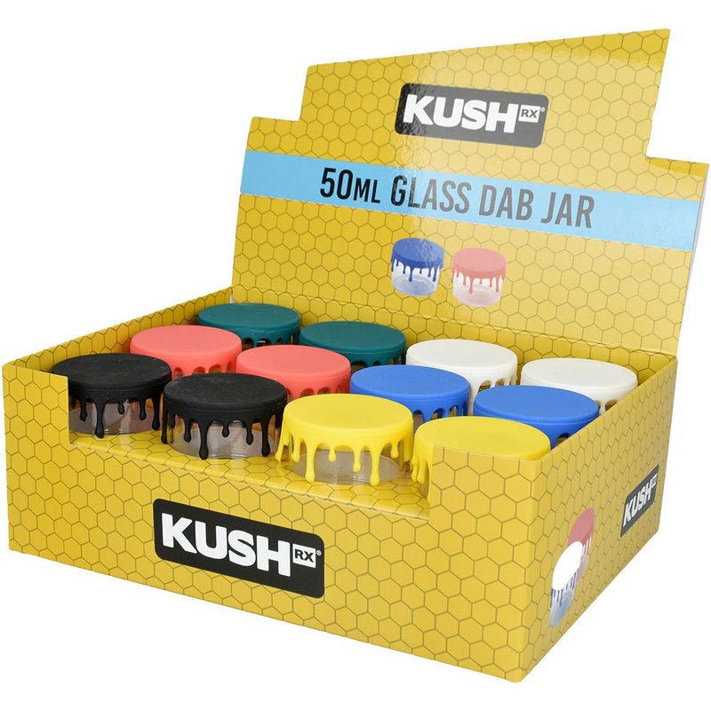 24CT DISP - Kush RX Glass Concentrate Jar w/ Silicone Lid - 50ml/Assorted Colors - Headshop.com