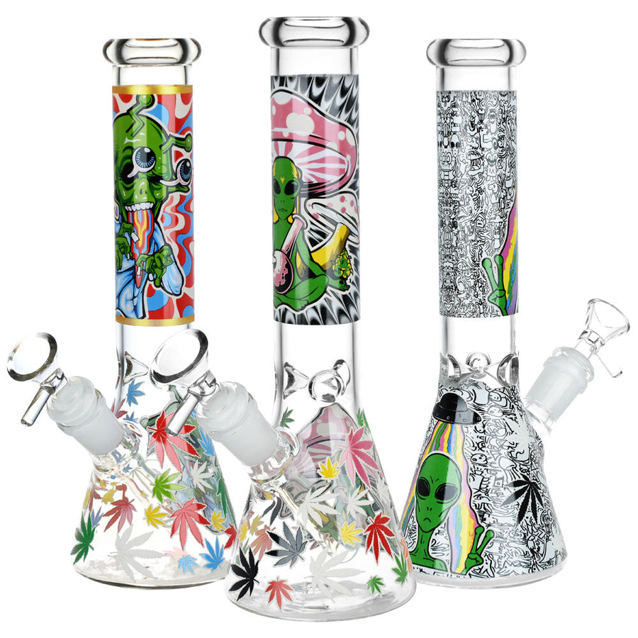Aliens And Hemp Leaves Glow Glass Beaker Water Pipe-10" / 14mm F / Designs Vary - Headshop.com