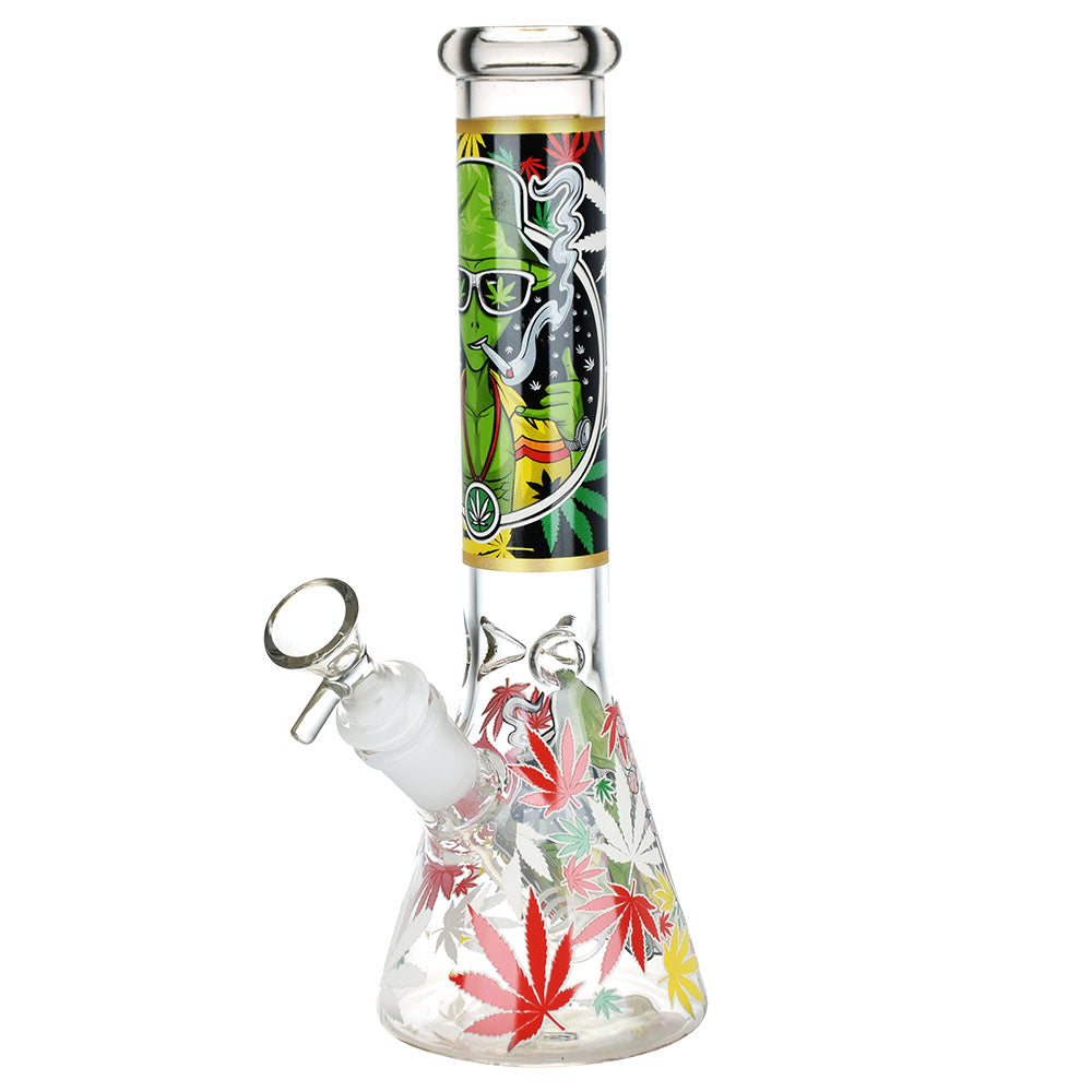 Aliens And Hemp Leaves Glow Glass Beaker Water Pipe-10" / 14mm F / Designs Vary - Headshop.com
