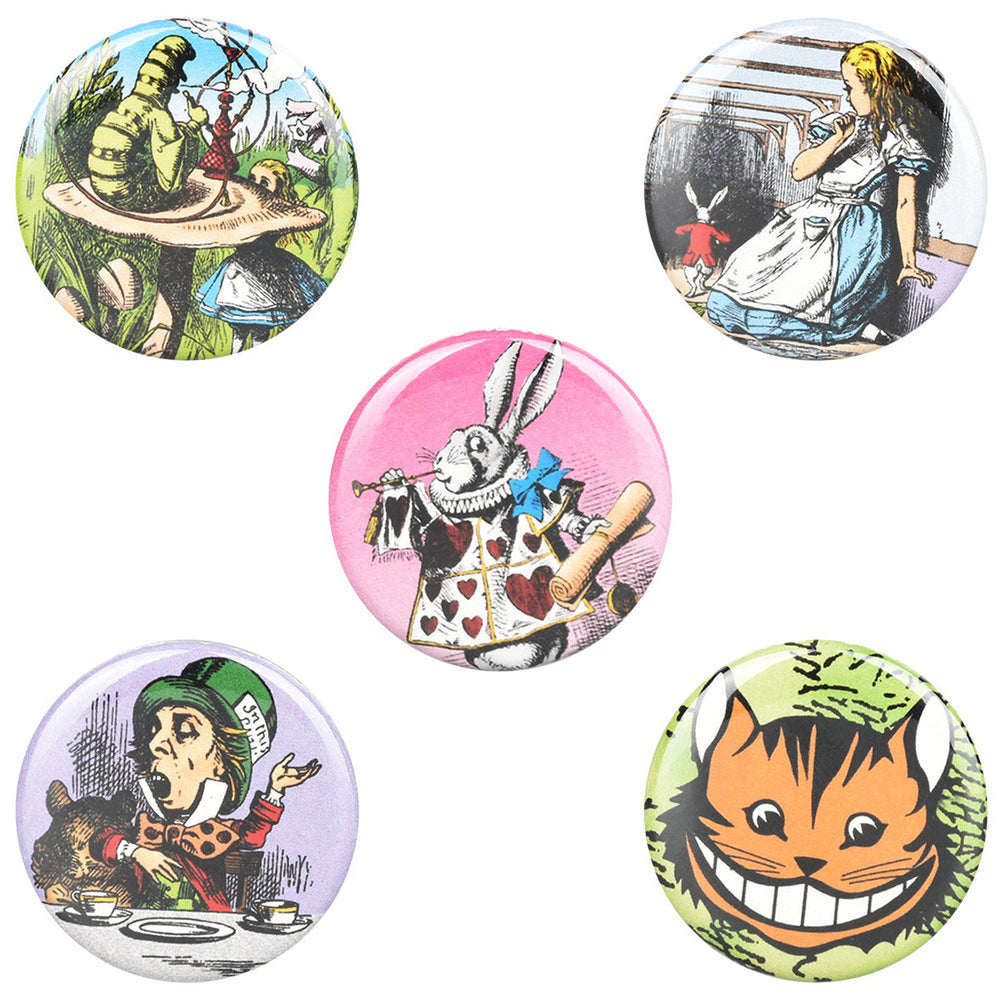 Alice In Wonderland Button Box | 1" | Assorted Designs | 130pc Display - Headshop.com