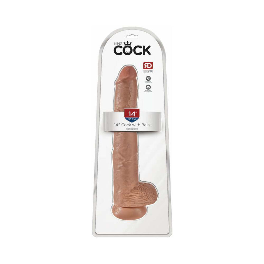 King Cock 14 in. Cock With Balls Realistic Suction Cup Dildo Tan - Headshop.com
