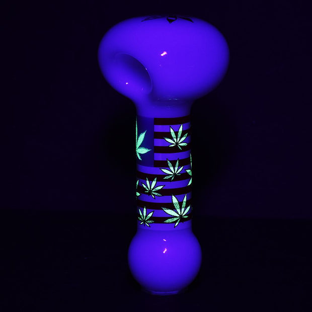 American Hemp Leaf Flag Glow Glass Spoon Pipe - 4"