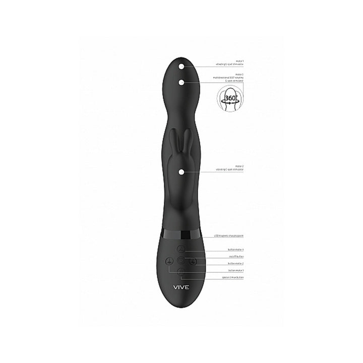 VIVE NIVA Rechargeable 360° Rotating Silicone Rabbit Vibrator Black - Headshop.com