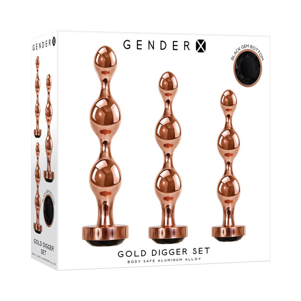Gender X Gold Digger 3-Piece Rose Gold Beaded Anal Plug With Black Gemstone Base Set - Headshop.com