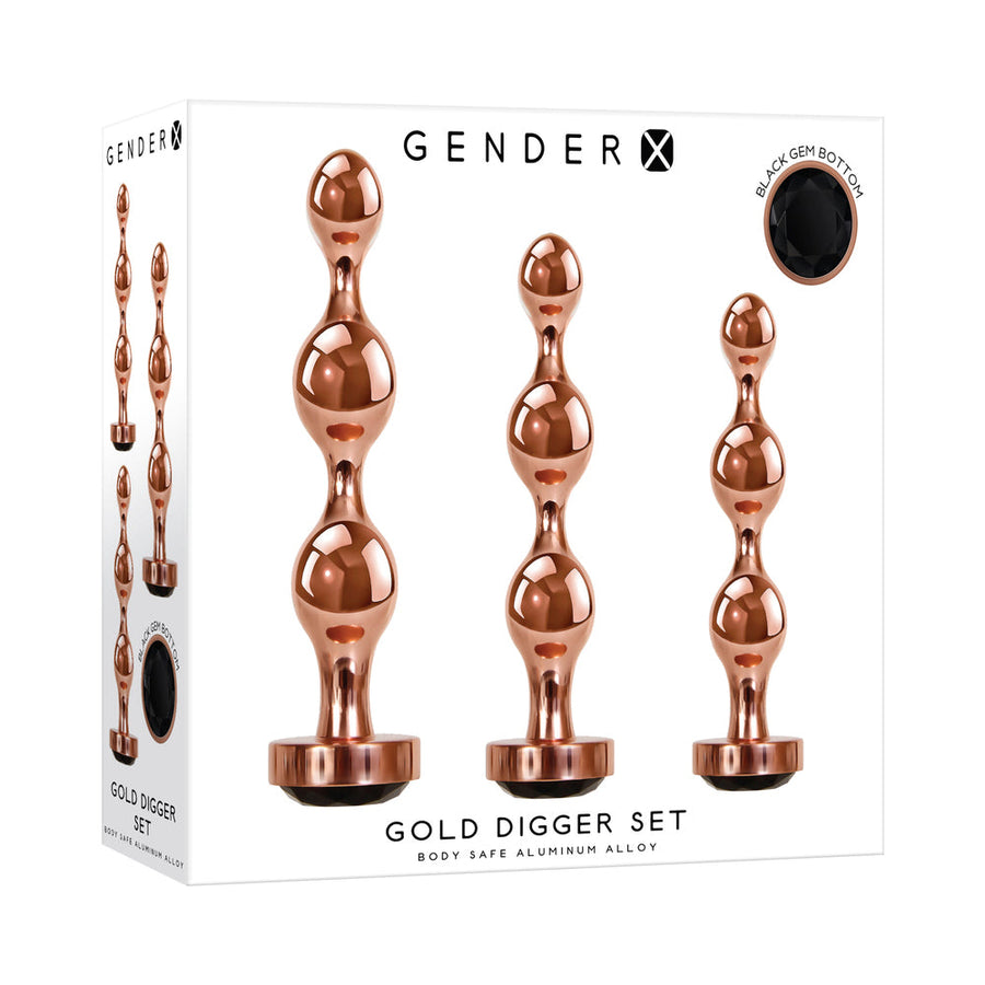 Gender X Gold Digger 3-Piece Rose Gold Beaded Anal Plug With Black Gemstone Base Set - Headshop.com