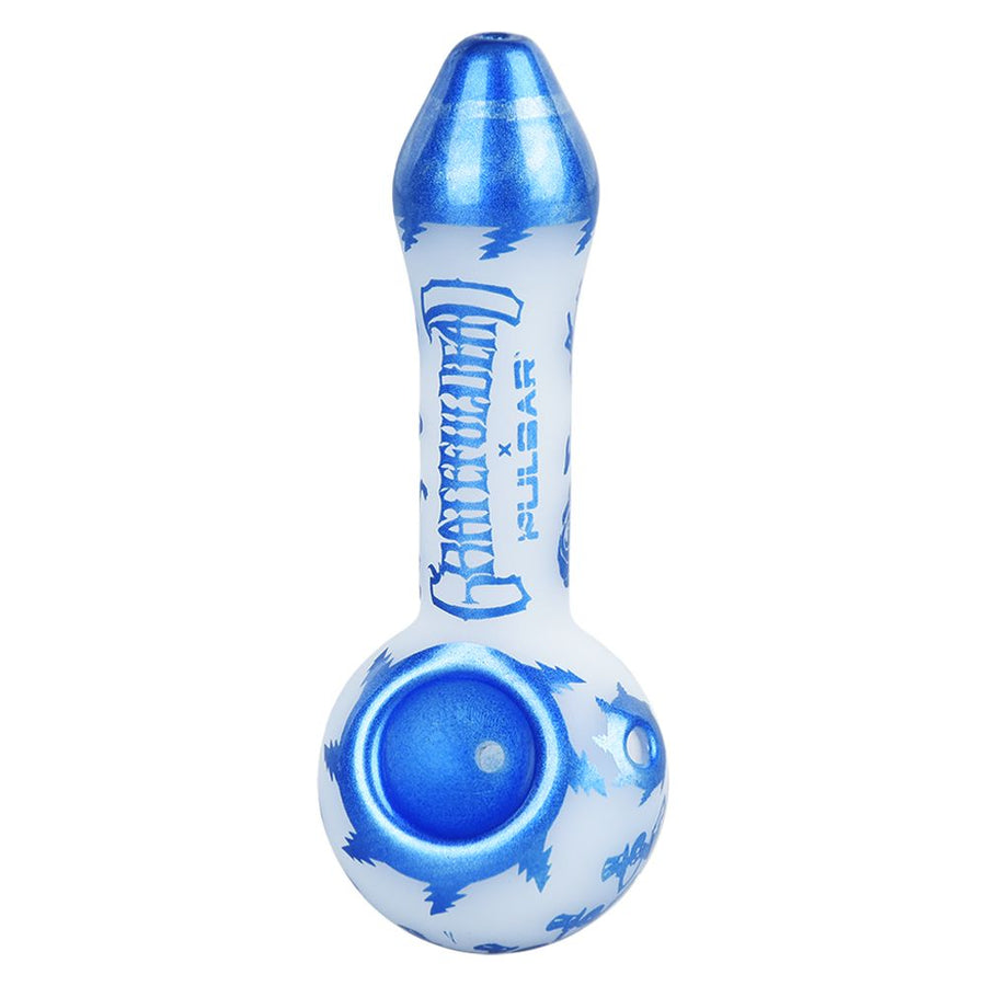 Grateful Dead x Pulsar Blue Sky Dancing Skellies Glass Spoon Pipe - 4.75" - Headshop.com