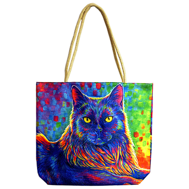 Psychedelic Rainbow Black Cat Jute Rope-Handled Tote Bag - 17"x15" - Headshop.com