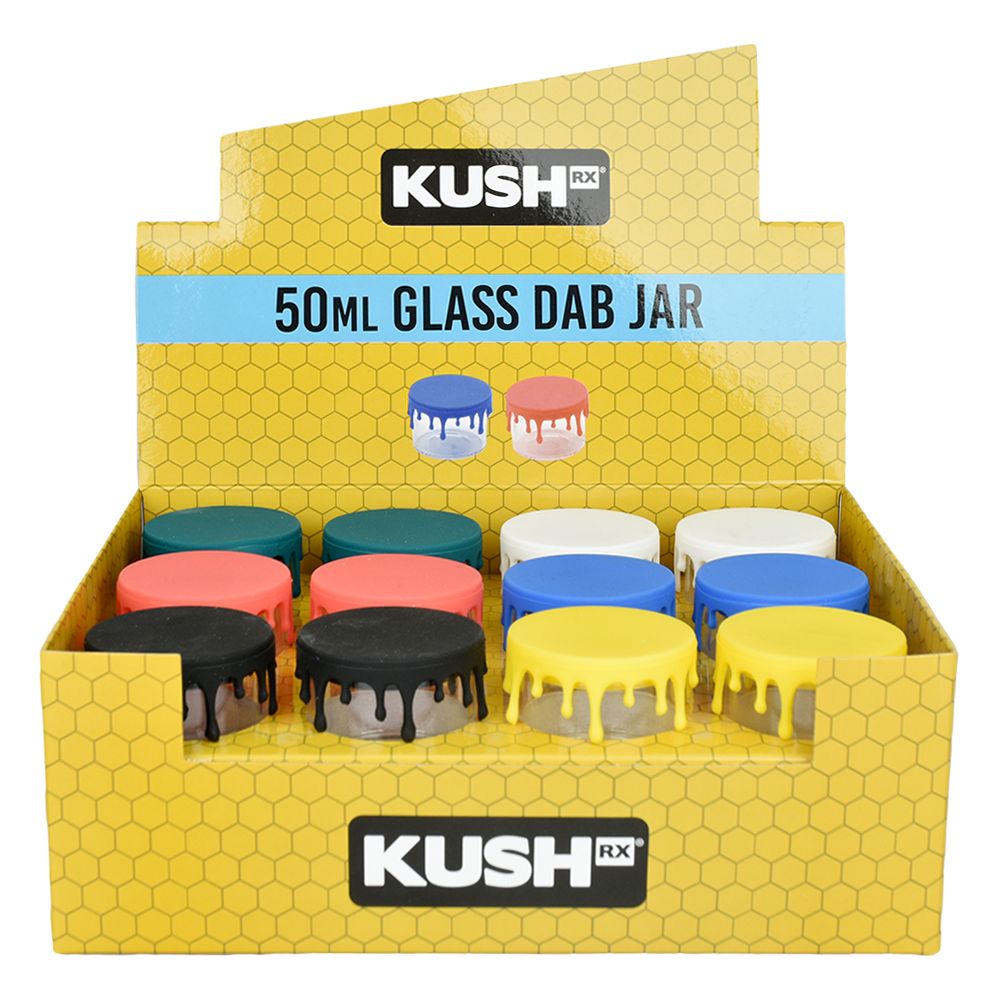 24CT DISP - Kush RX Glass Concentrate Jar w/ Silicone Lid - 50ml/Assorted Colors - Headshop.com