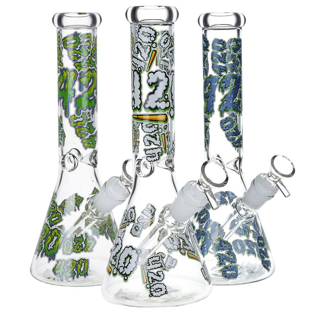 420 Clouds Glow In The Dark Beaker Glass Water Pipe - 10" / 14mm F / Colors Vary - Headshop.com