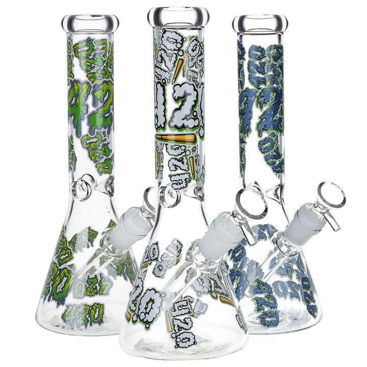 420 Clouds Glow In The Dark Beaker Glass Water Pipe - 10" / 14mm F / Colors Vary - Headshop.com