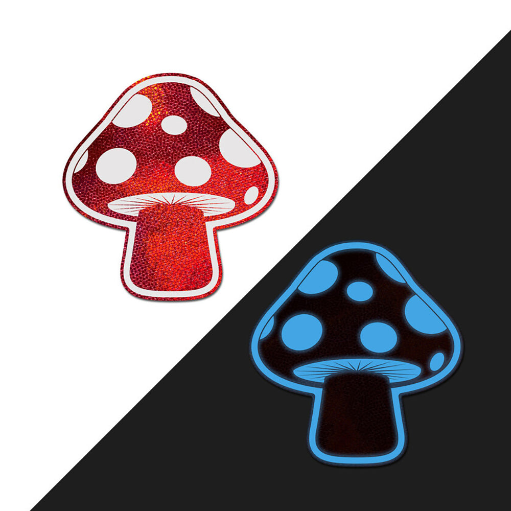 Pastease Mushroom: Shiny Red & White Glow-in-the-Dark Shroom Nipple Pasties - Headshop.com
