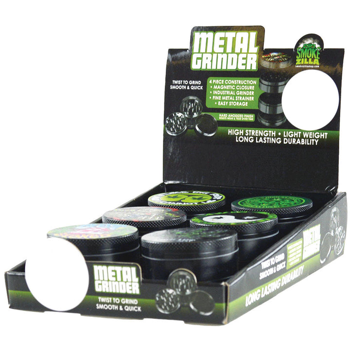 Smokezilla Graphic Metal Grinder - 4pc/2"/Asst - 6PC DISPLAY - Headshop.com