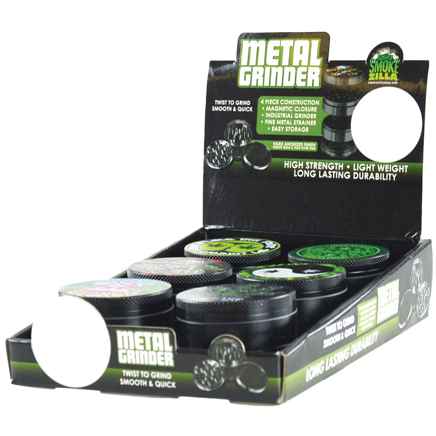 Smokezilla Graphic Metal Grinder - 4pc/2"/Asst - 6PC DISPLAY - Headshop.com