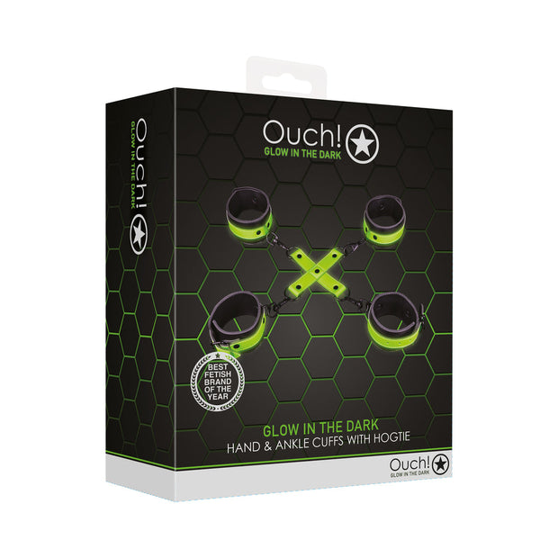 Ouch! Glow in the Dark Hand & Ankle Cuffs With Hogtie Set Neon Green - Headshop.com