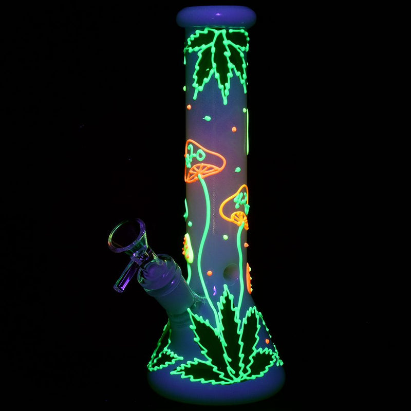 420 Hemp Leaf and Shrooms Glow In The Dark Glass Water Pipe - 9.5" / 14mm F