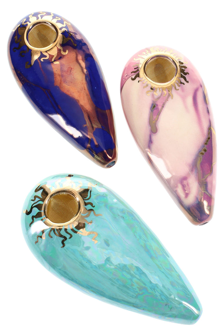 Ancient Creations Ceramics 4″ Oval Ceramic Hand Pipe – Brass Screen – US-Made