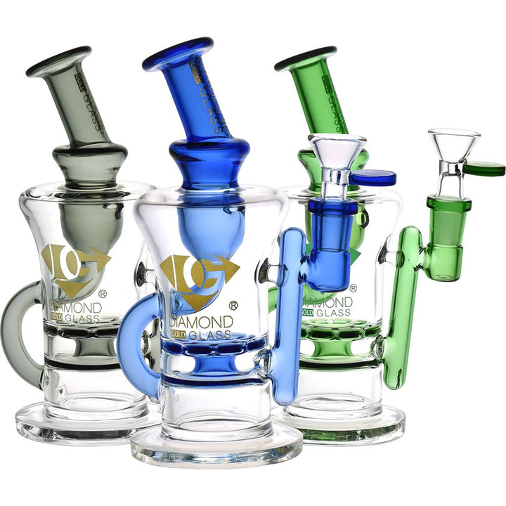 Diamond Glass Gold Ratchet Perc Recycler Water Pipe - 7.75" / 14mm F - Headshop.com