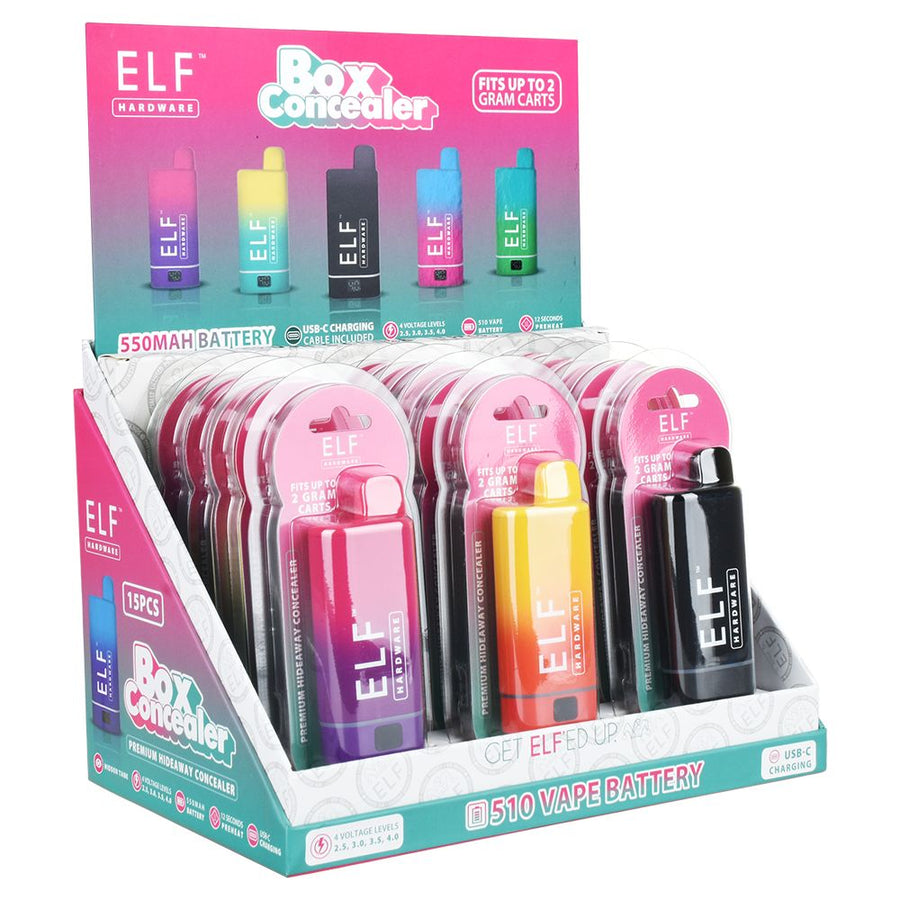 15CT DISPLAY - ELF Hardware Box Concealer 510 Cart Vape Battery - 550mAh / Assorted Colors - Headshop.com